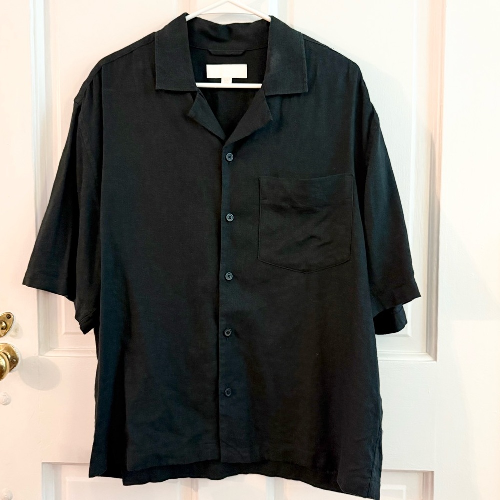 Zara Classic Men's Black Short-Sleeve Linen blend  Button-Up Shirt